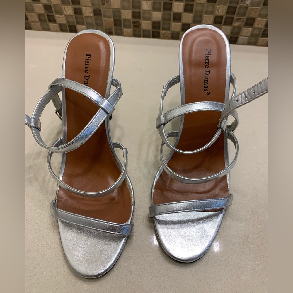 Silver strappy stilettos. Genuine leather
